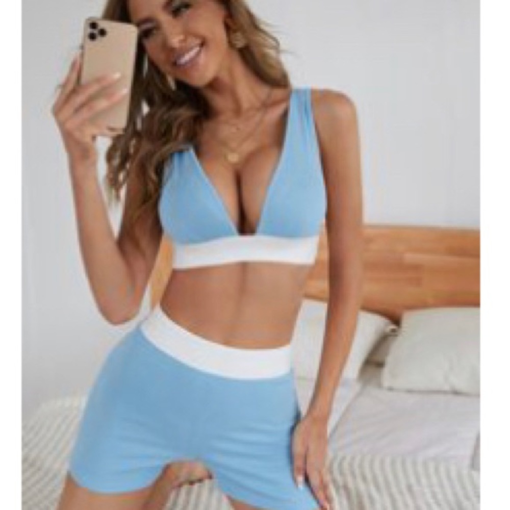 Baby Blue & White Two Piece Short & Top Set